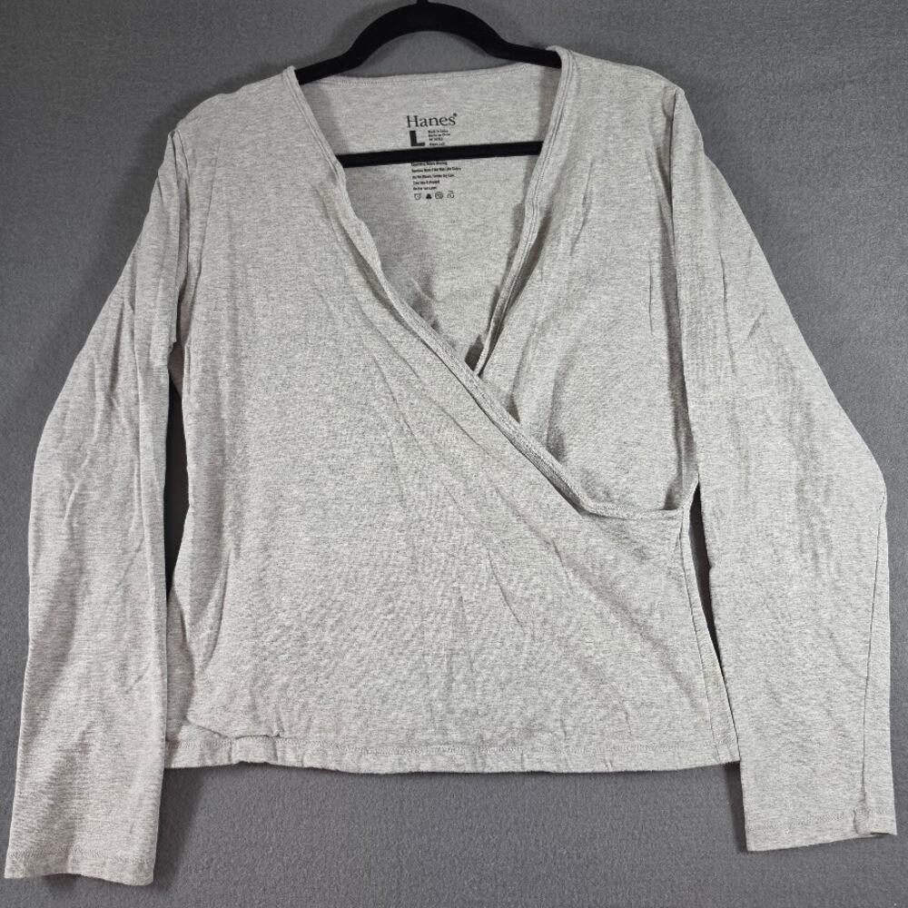 Hanes Womens Heather Gray Crossover Surplice V-Neck Long Sleeve Shirt Large L
